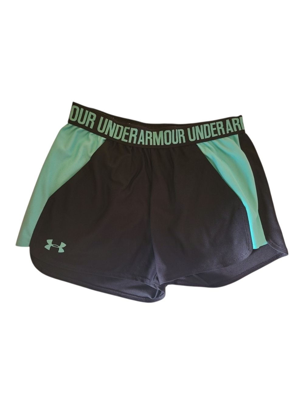 Under Armour Play Up 2.0 Shorts Black Aqua Teal Women's Small Pockets HeatGear